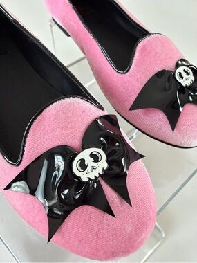 Strange Cvlt Lydia Skull Bat Pink Velvet Flats Goth Coquette Ballet Shoes Size 8